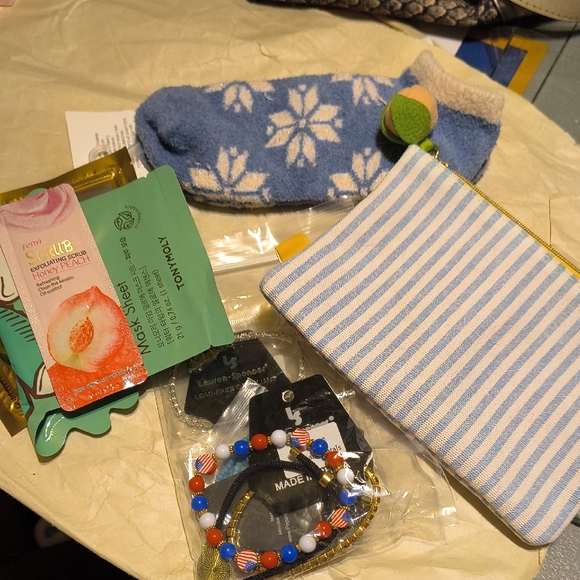 various Accessories - Blue Stripe Bag With Socks, Masks And Jewelry
